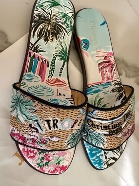 Dior Embroidered Raffia Tropical Slide Sandals in Pink, Blue & Green